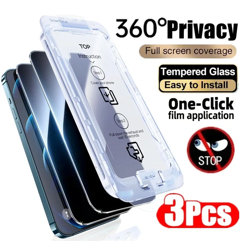 

3Pcs 360°Privacy Screen Protector for IPhone 16 15 14 13 12 11 Pro Max XR X XS Anti-spy Tempered Glass Dust free Installation
