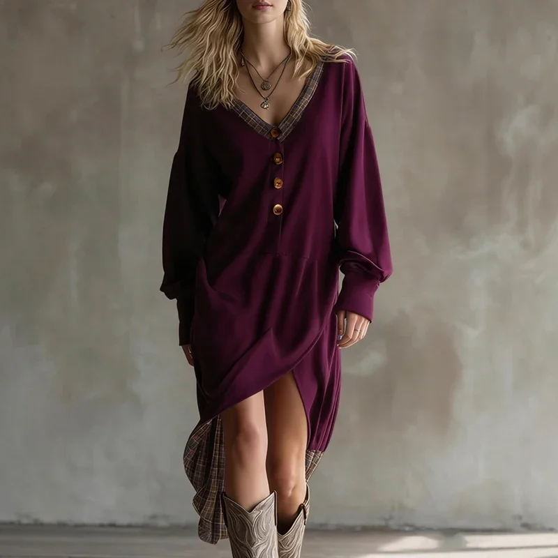 Sexy diepe v-hals holle split lange jurk vrouw retro patchwork geruite knop maxi jurk herfst lange mouw losse boho jurk vestidos