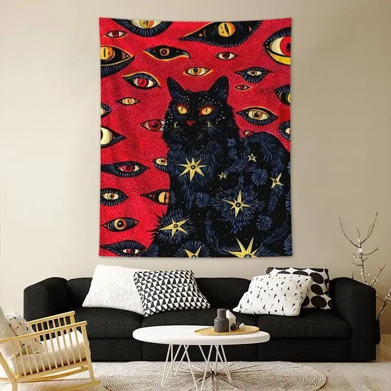 VIKAMA Mystical Multi Eye Black Cat Tapestry Red Background Star Print Wall Hanging Polyester Cloth Bedroom Gothic Witchy Decor