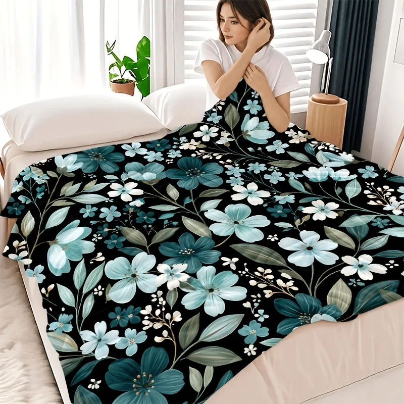 Cozy Botanical Floral Blanket Throw Bedspread for Couch Decor Large Queen Size 150x200cm Blue Green Pattern