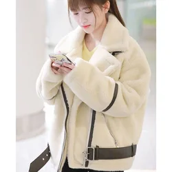 Ladies Long Sleeves Lamb Wool Coat Women Fashion Loose Fit Thickening Jacket Autumn Winter Female Plush Fur Locomotive Outerwear