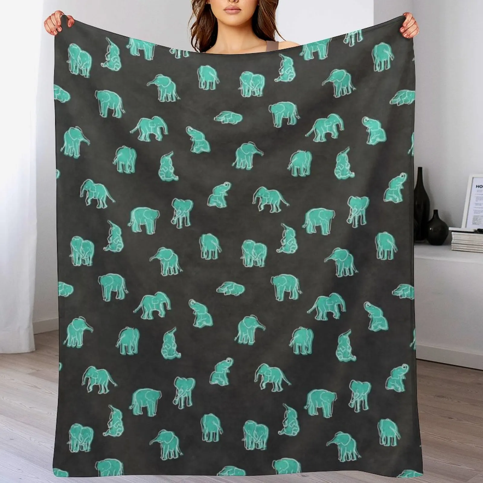 

Indian Baby Elephants Black Mint Teal Green Throw Blanket Anti Shedding Soft Fuzzy Blanket for Home