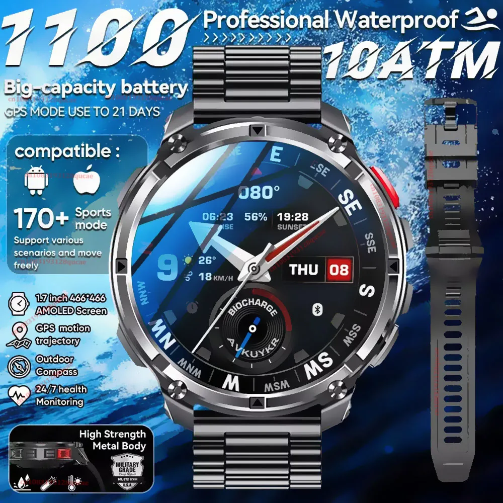 

2026 New 1100mAh Durable GPS Smart Watch Men Outdoor Military Compass 10ATM Waterproof HD Bluetooth Calls Sports Smartwatch Ma27