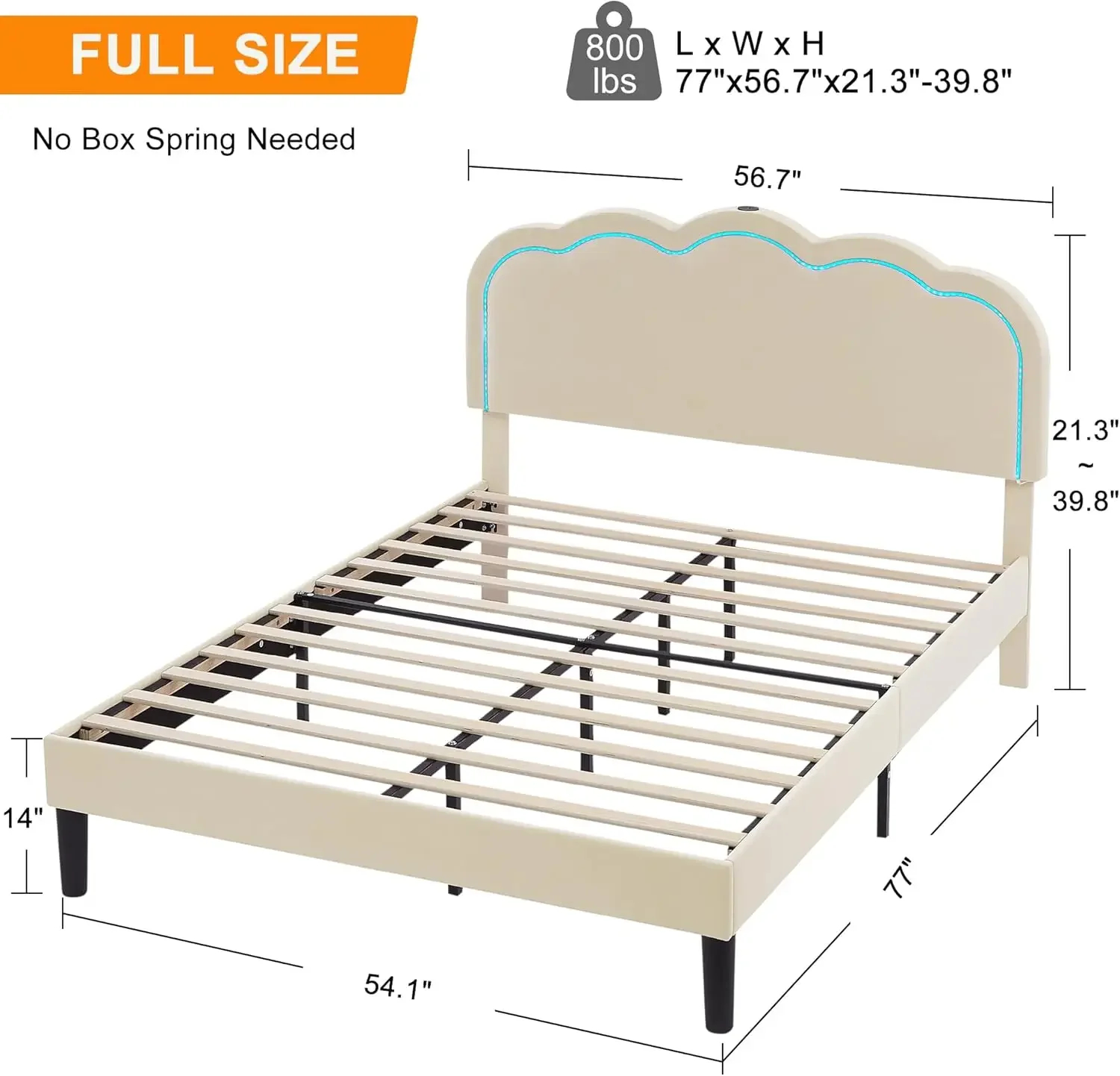 Upholstered Full Bed Frame with Headboard Adjustable, LED Lights, USB-A & Type-C, Velvet Platform Bed Noise Free, Mattres