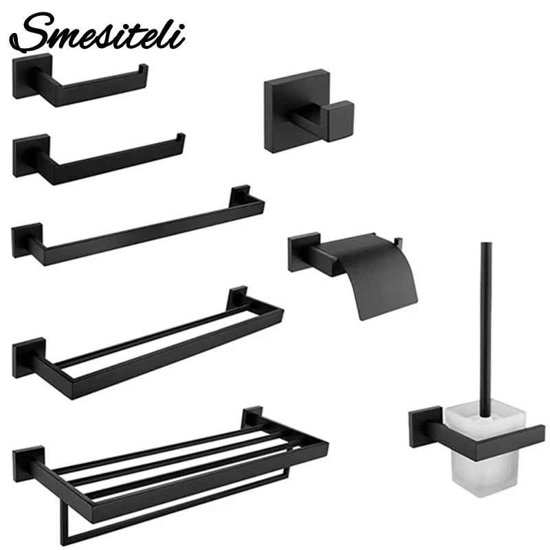 Matt Black Bathroom Hardware Set Kit Accessories Wall Shelf Towel Bar Rack Rail Robe Hanger Toilet Brush Roll Paper Holder Dish