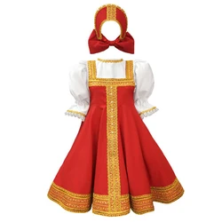 Girls Russian Traditional Nation Costumes Girl Festival Party Red Short Sleeve Splicing Dress Halloween Stage Fancy Outfits