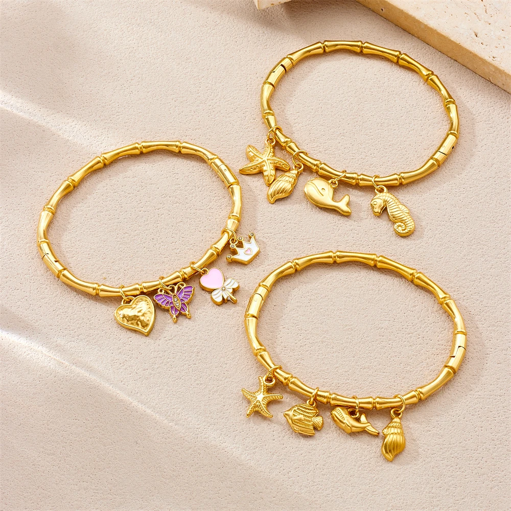 DIEYURO 316L Acero inoxidable Concha de delfín colgante de concha brazalete de bambú para mujer cadena de muñeca clásica regalo de joyería impermeable