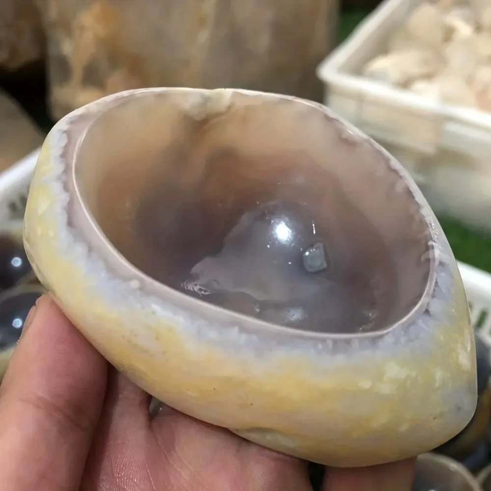 Handmade Rare Energy Crystal Agate Bowl, Free-Form Gemstone Cutlery for Meditation & Degaussing, Tea Cup Craft