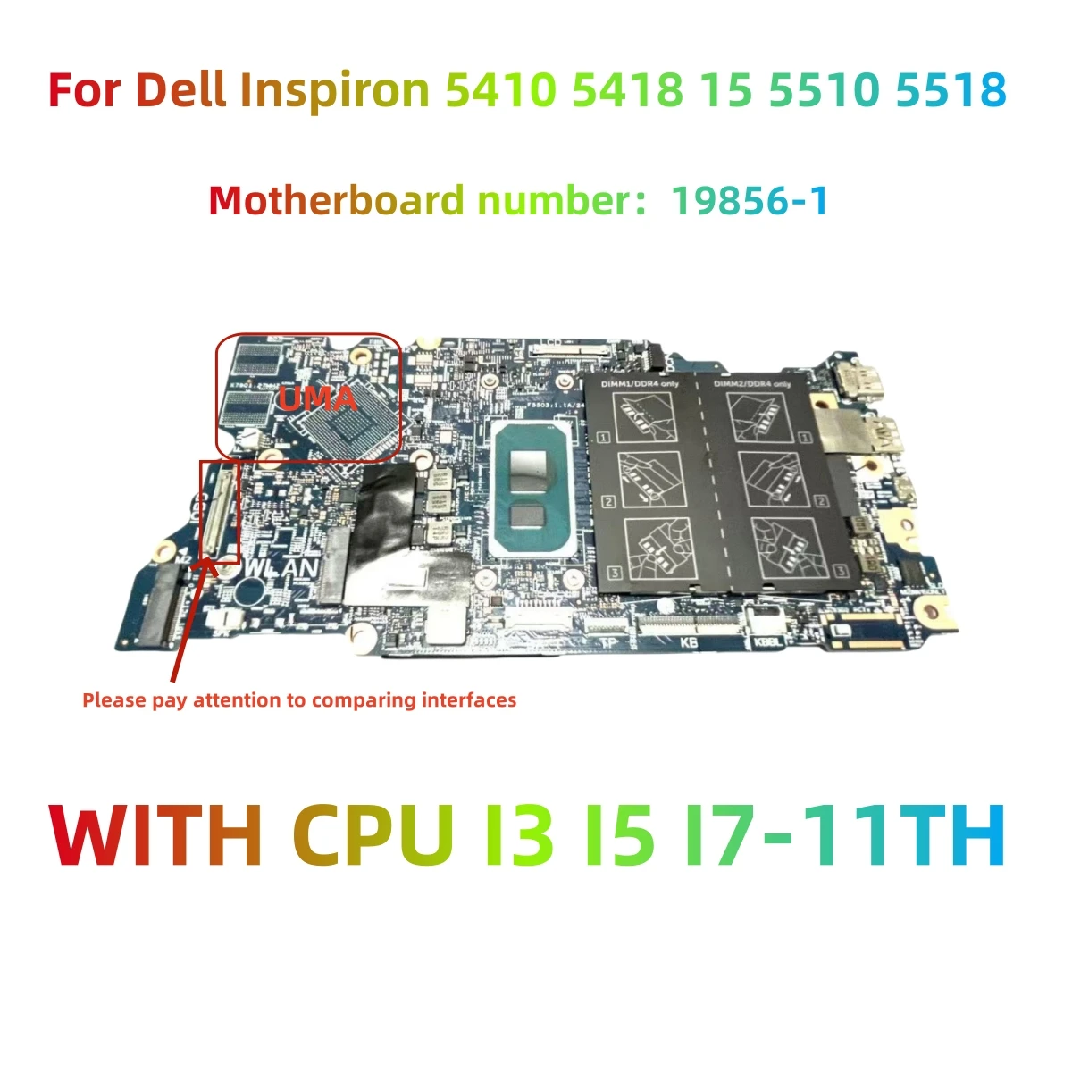 

19856-1 Подходит для Dell Inspiron 5410 5418 15 5510 5518, материнская плата для ноутбука с процессором I3 I5 I7 11TH, без видеокарты, 100% тестирование