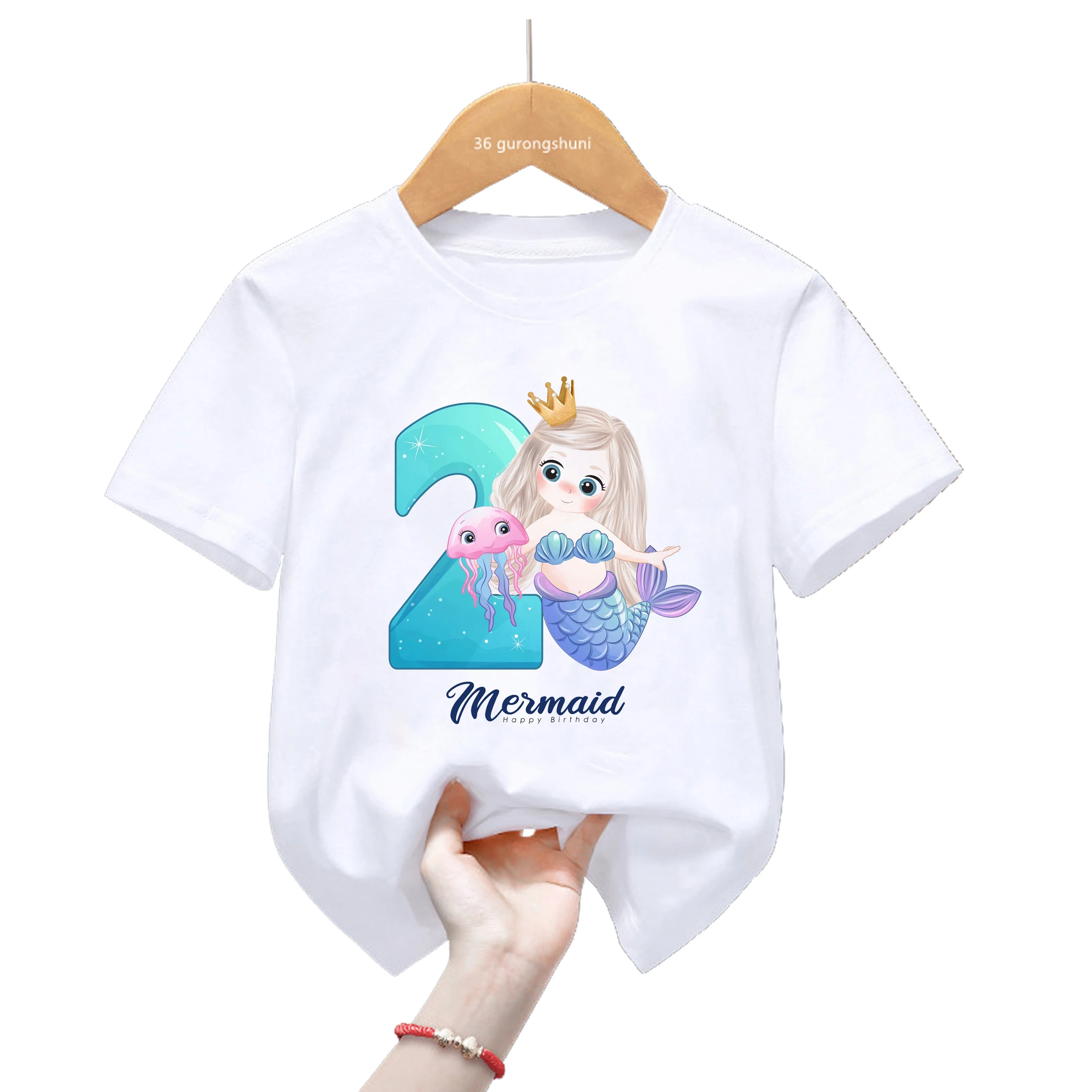 Cute Mermaid With Number 1-9 T Shirt Happy Birthday T-Shirt Custom Name Boys Girls T-Shirt Kids Clothes Short Sleeve Tees Tops