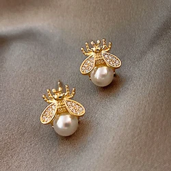 Huitan Honey Bee with Simulated Pearl Design Stud Earrings for Women Cute Animal Earrings Party Funny Gift New Statement Jewelry