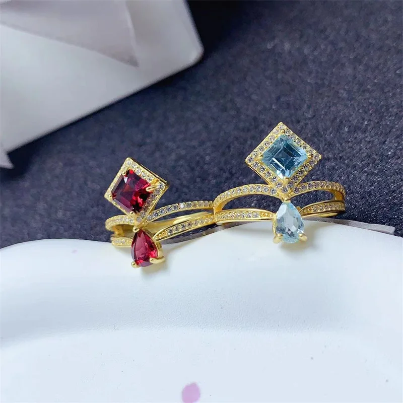 

Ring S925 Silver Natural Blue Topaz Garnet Women's Ring Gemstone 18K Yellow Gold Genuine with Certificate