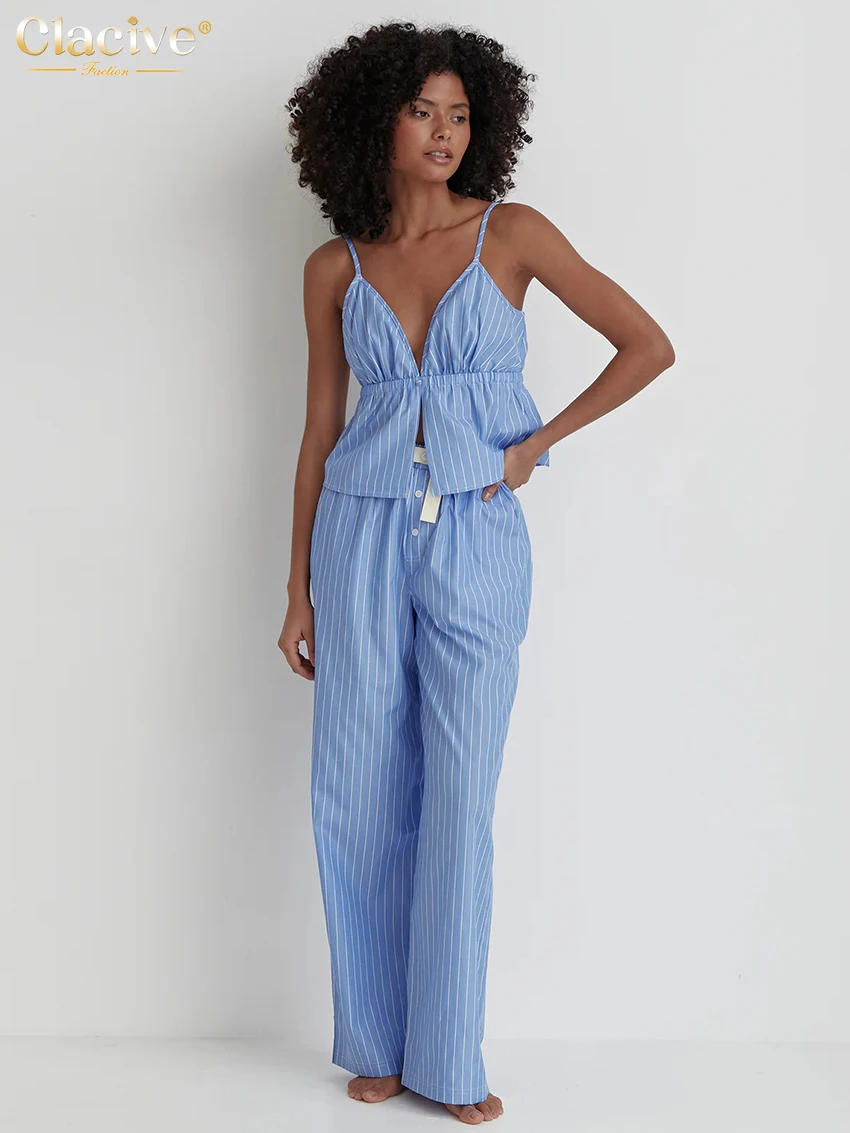

Clacive Fashion Loose Blue Stripe Trousers Set For Women 2 Pieces 2024 Summer Sleeveless Tank Top With High Waist Wide Pants Set