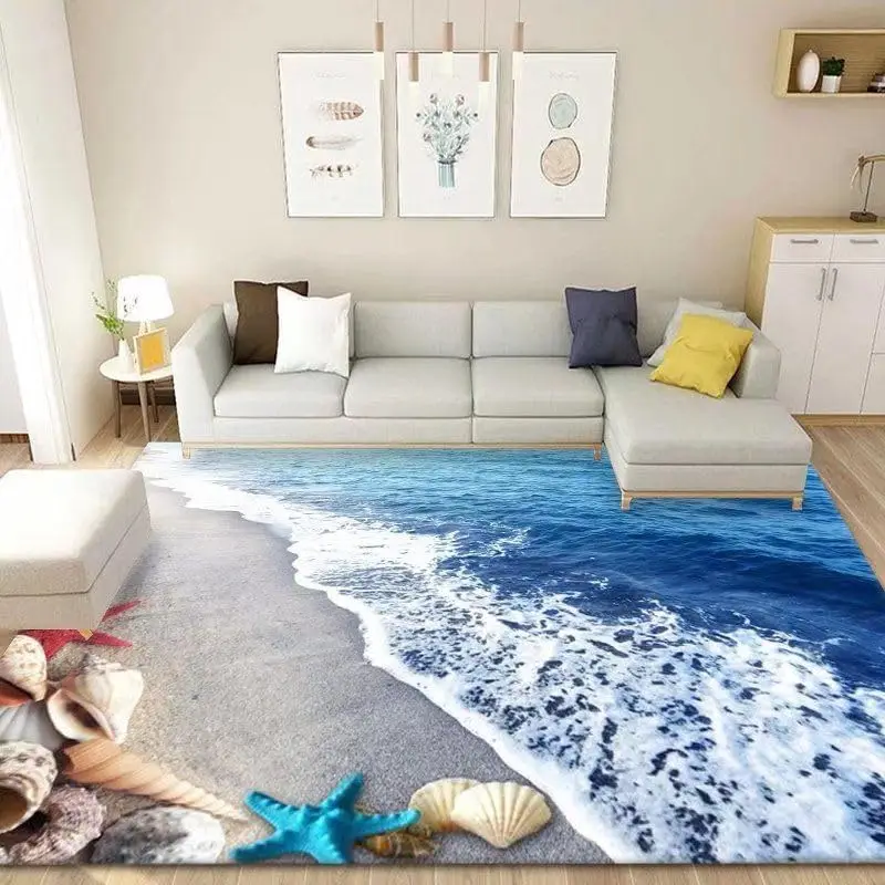 

3D Visual Blue Ocean Rug with Beach Design Carpet, Large Sea Wave Area Rugs for Girls Bedroom-Cute Garden Mat Non-Slip Sofa Mat