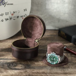 Retro Genuine Leather Zipper Mini Single Watch Case Storage Soft Cushioned Protective Container for Organizer Box for Men Gift