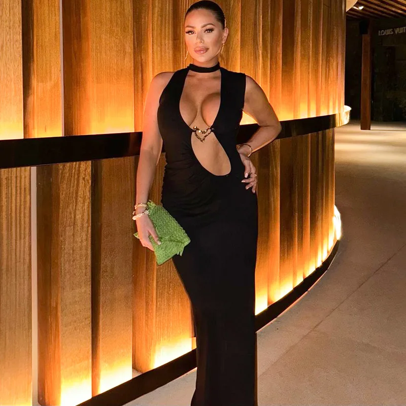 YUZHEXI Low Cut Taille Bare Metal Ring Neckholder schwarzes Kleid Frauen Abend elegante ärmellose sexy Midi Robe