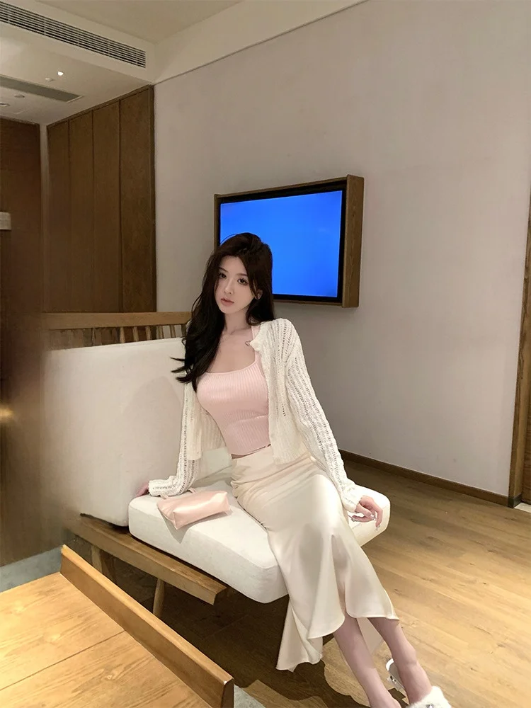 

Элегантная атласная юбка-миди с высокой талией в корейском стиле, однотонная, для офиса и повседневной носки