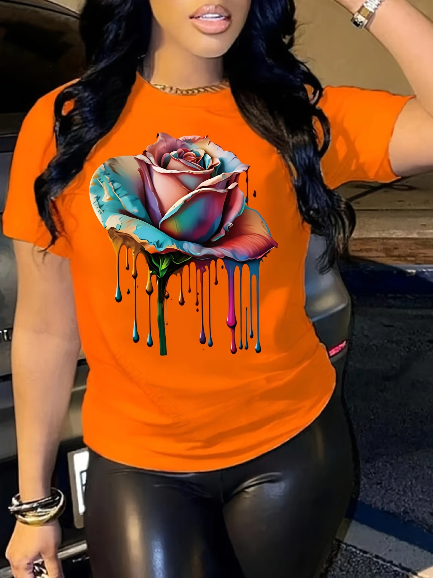 Colorful Drip Rose Women's Tee - Vibrant Artistic Floral Graphic, Stylish Print for Casual Daily Wear