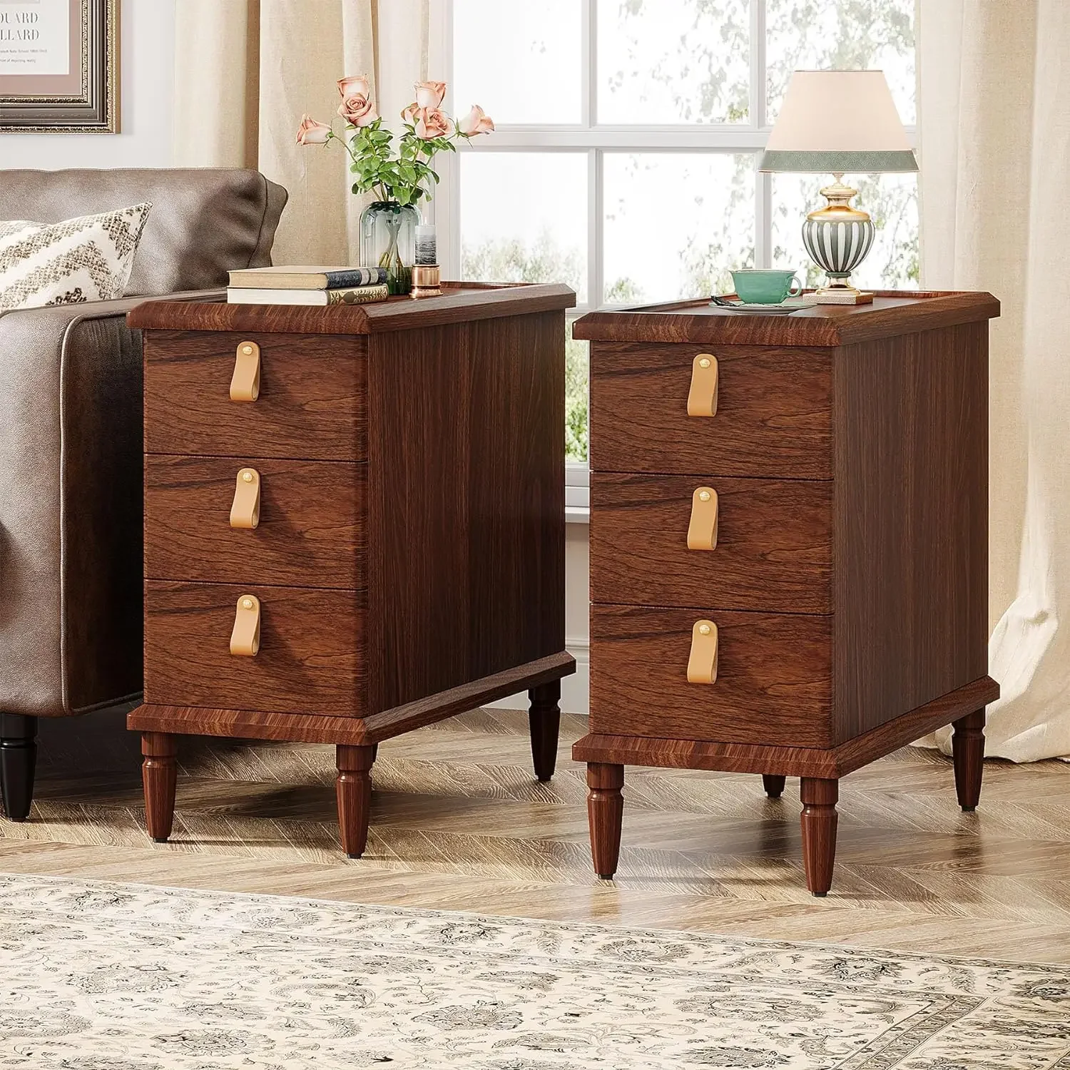 

Solid Wood End Table Set of 2, Narrow Side Table with 3 Wooden Drawers, Modern Nightstand for Small Spaces, Living Room