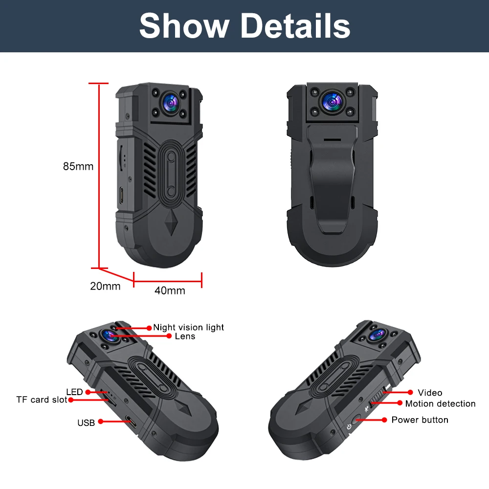 2023 1080P HD Mini Camera Infrared Night Vision Small Camcorder  Motion Dection Bodycam Police Cam 180° Rotating Bike Camera