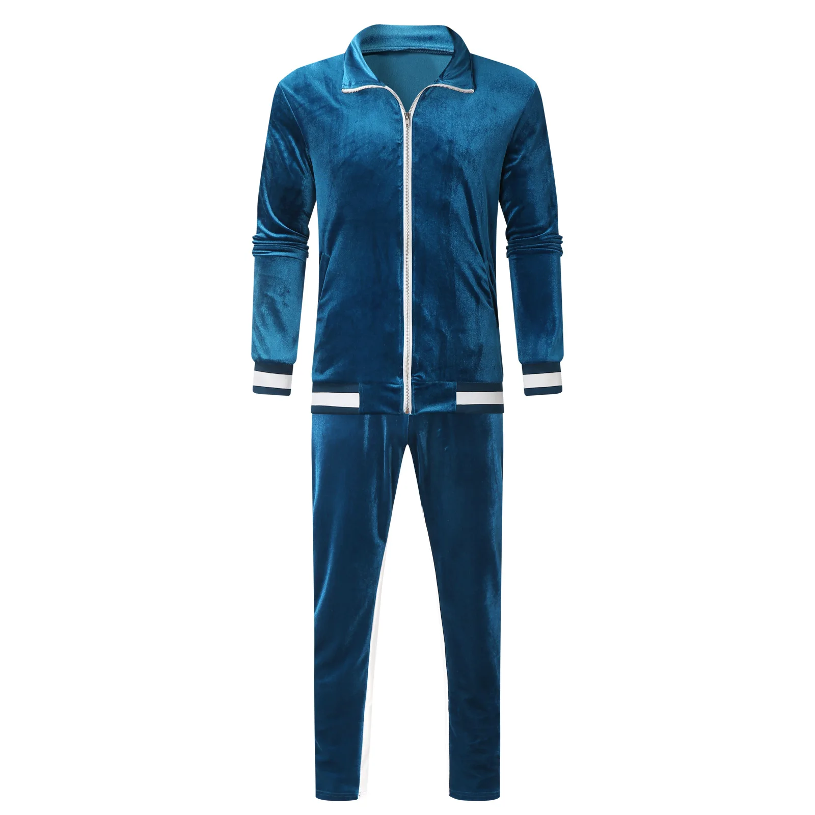 2025 Cross Border Mens Velvet Tracksuit   Solid Color  Contrast Trim  Retro Casual Jacket   Set