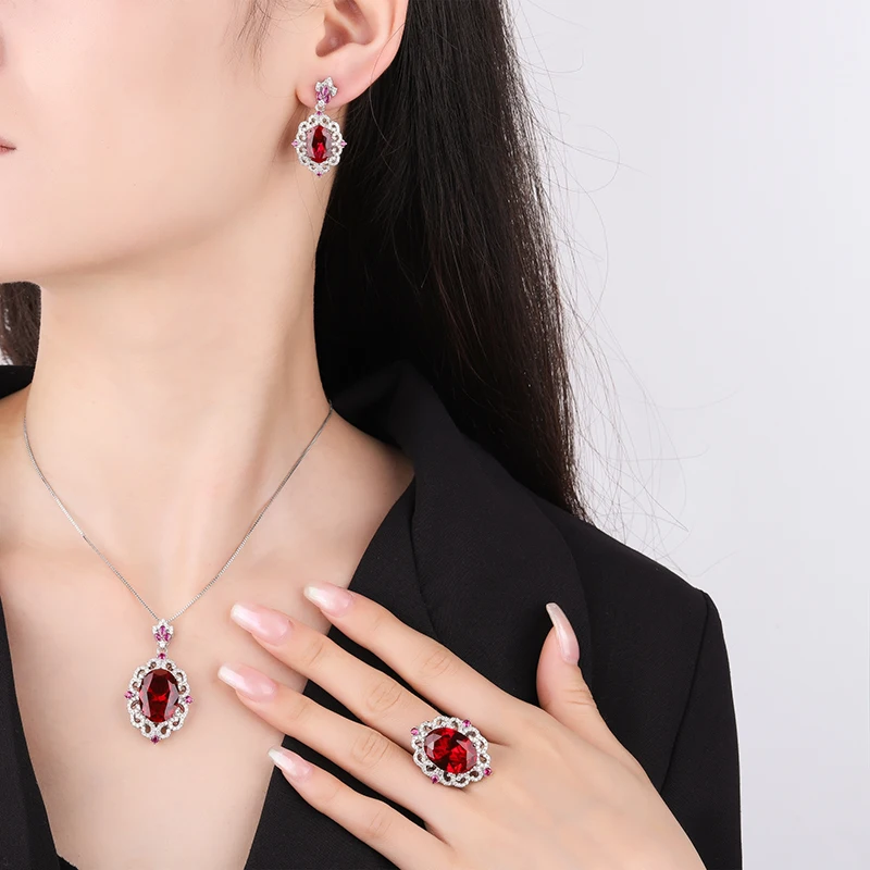 EYIKA Luxury Rhodium Plated Rose Red Crystal Zircon Women Flower Jewelry Set Oval Imitated Ruby Gemstone Necklace Earrings Ring