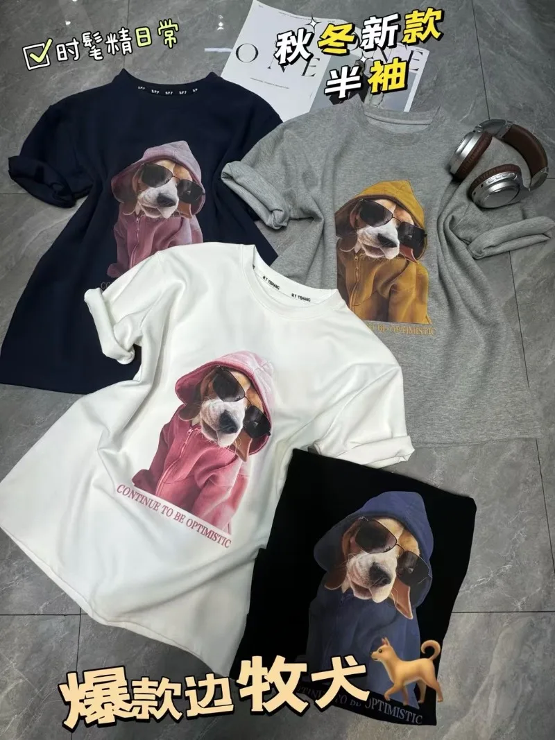 T-shirt décontracté à manches courtes à col rond, motif de chien imprimé, chapeau de dessin animé, demi-manches, haut populaire, automne et hiver, nouveau, 2024