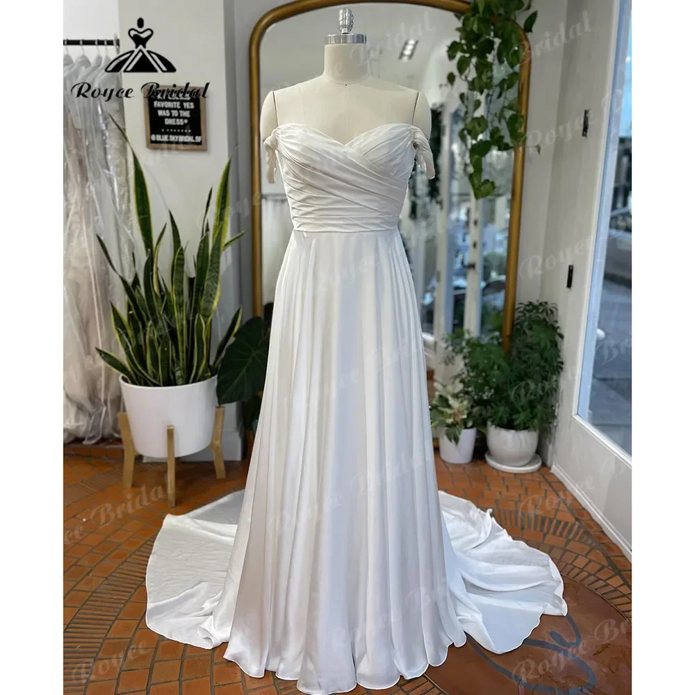 Vinatge Off Shoulder Soft Satin Pleats Wedding Dress with Cap Sleeve 2025 Bridal Gown Wedding Party Gown Custom Made robe mariag