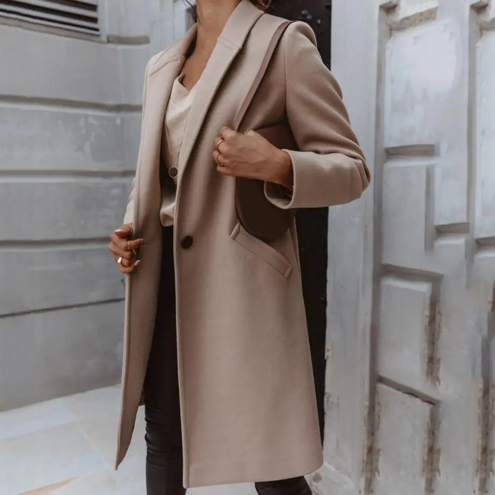 Winter Coat Solid Color Pockets Cardigan Soft Elegant Loose Long Sleeves Button Closure Turn-down Collar Trench Coat for Work