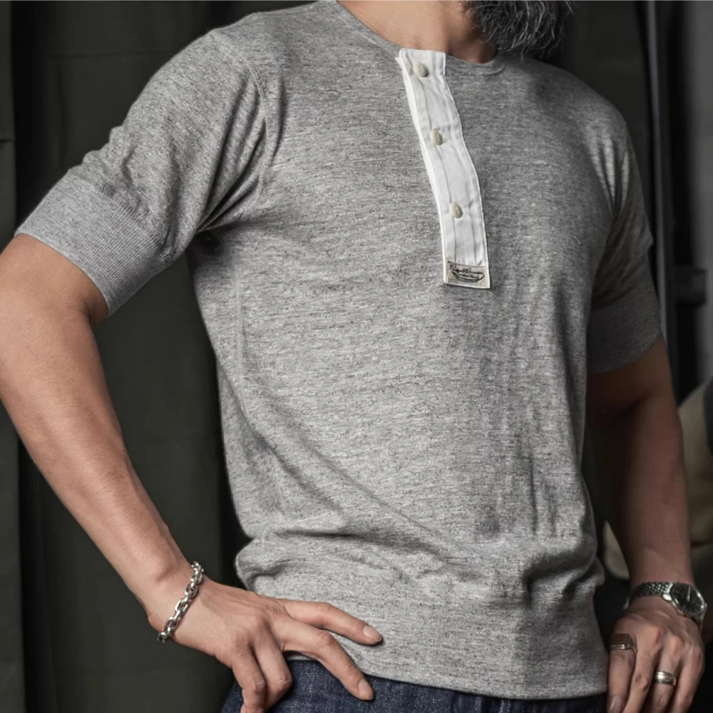 BRONSON Side-Slit Henley Neck Pullover Short-Sleeve Lightweight Slub T-Shirt American Vintage T-Shirt