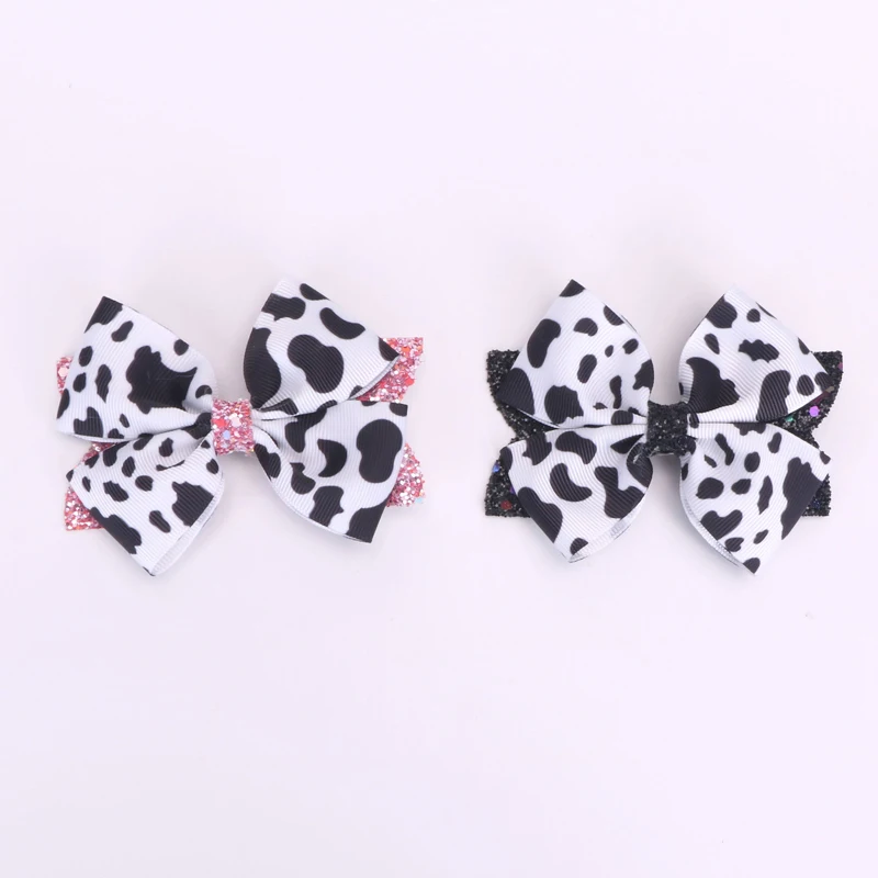Bowknot 점선 디자인 동물 테마 귀여운 액세서리와 소녀를위한 사랑스러운 암소 인쇄 패브릭 헤어 클립