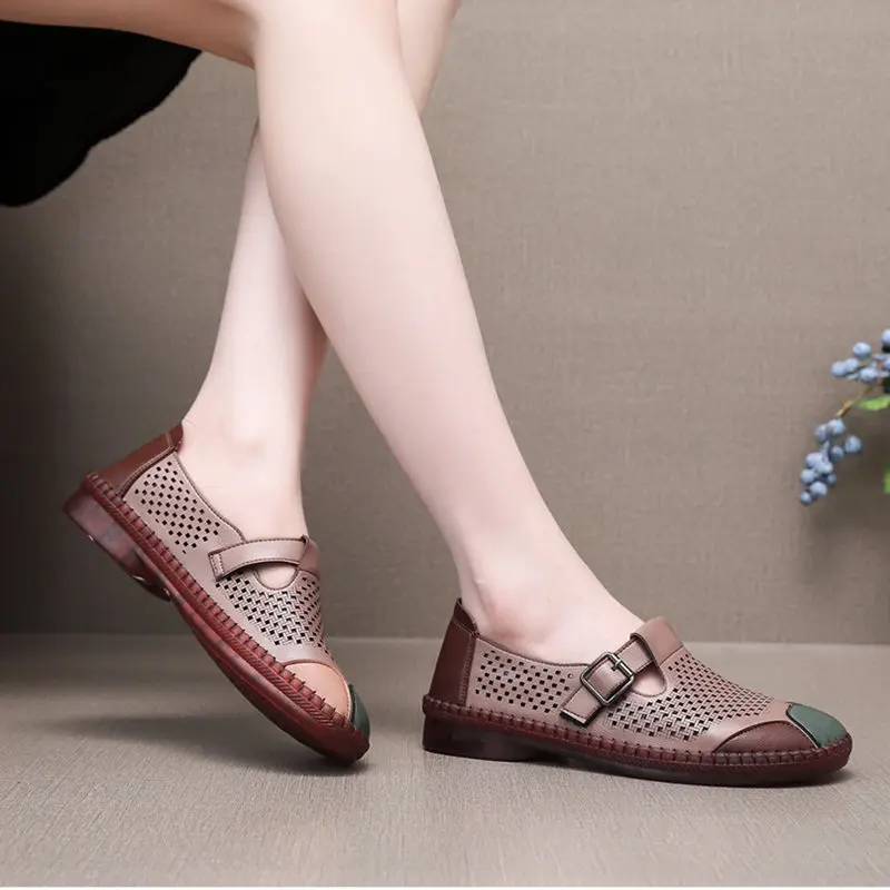 Spring Summer Hollowed Shoes Women\'s Buckle Dec Ballet Flats Woman Microfiber Leather Moccasins Mom Flat Driving Loafers Lady