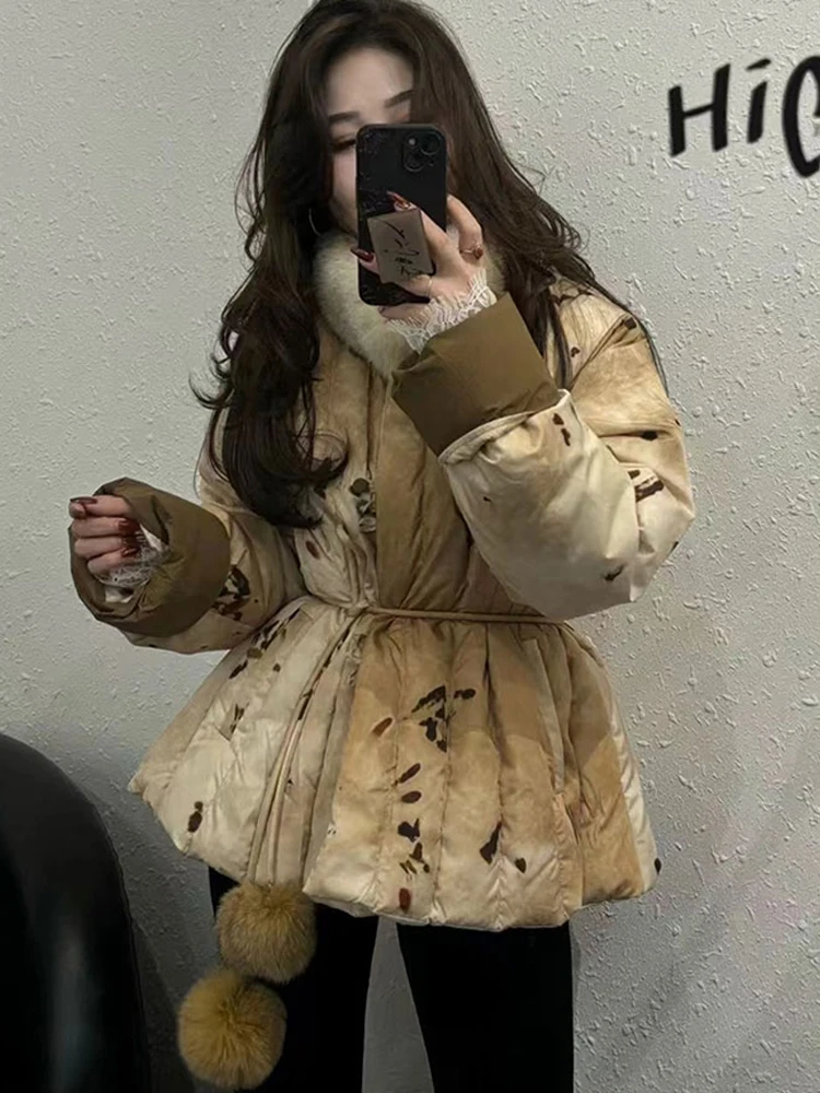 New Chinese style contrasting lace up waist fairy fox fur collar ball design middle long white duck down jacket for women