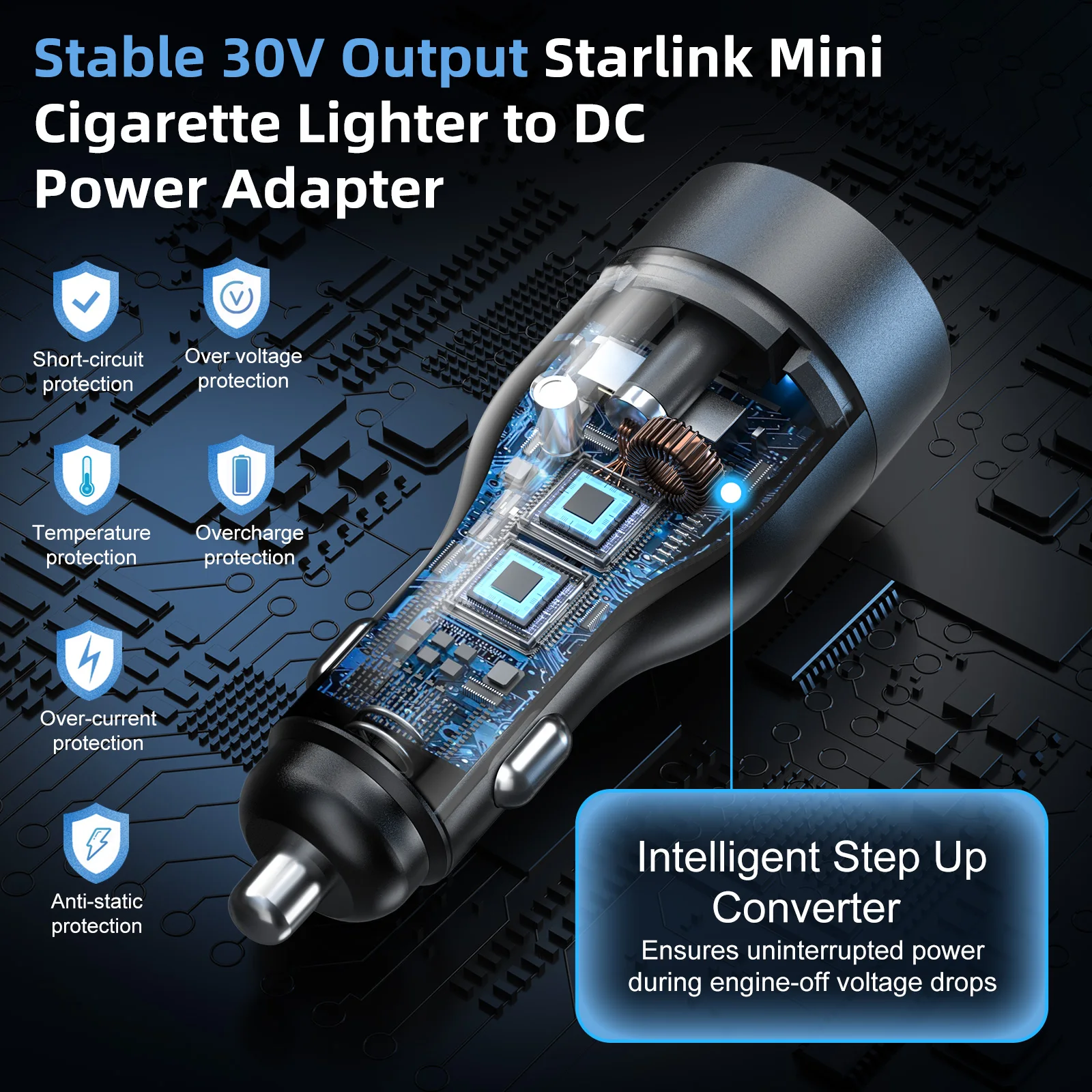 Power Charger for Starlink Mini Car Adapter with 12V-24V to 30V DC Step Up Converter USB-A QC 3.0 Cigarette Lighter Adapter