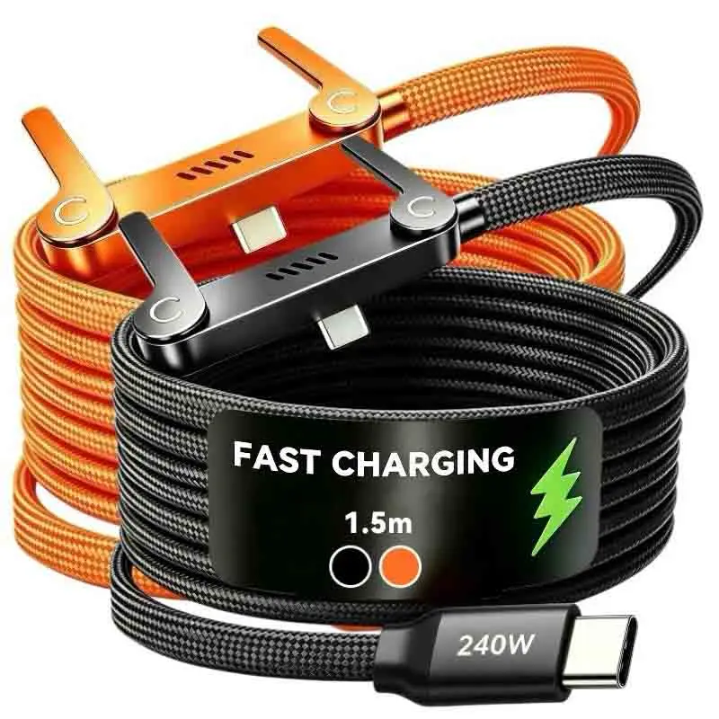 240W 2-in-1 Black/Orange Fast Charging Foldable Bracket Data Cable Type-C to Type-C PD Data Cord With Phone Tablet Stand 1.5M
