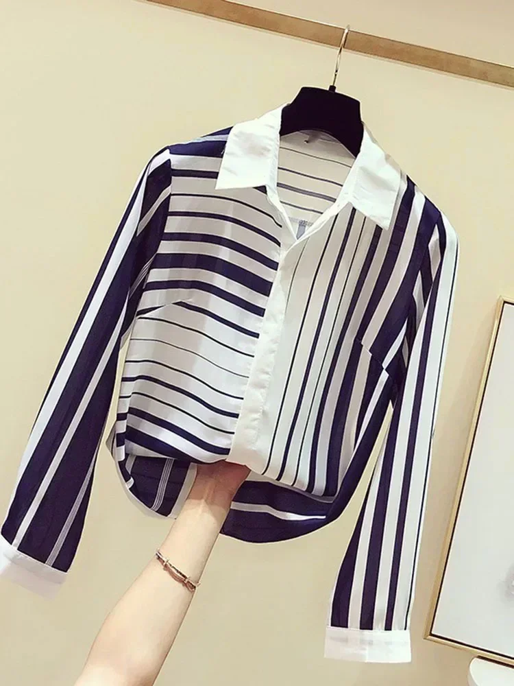 Wiosna jesień damska koszula w paski Office Lady damska koszula wypoczynkowa z długim rękawem moda cienki top damskie bluzki GD236
