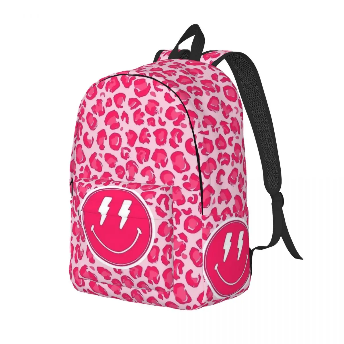 Preppy Aesthetic Pink Leopard Print Smile Backpack Elementary High College School Student Bookbag Teens Daypack Outdoor