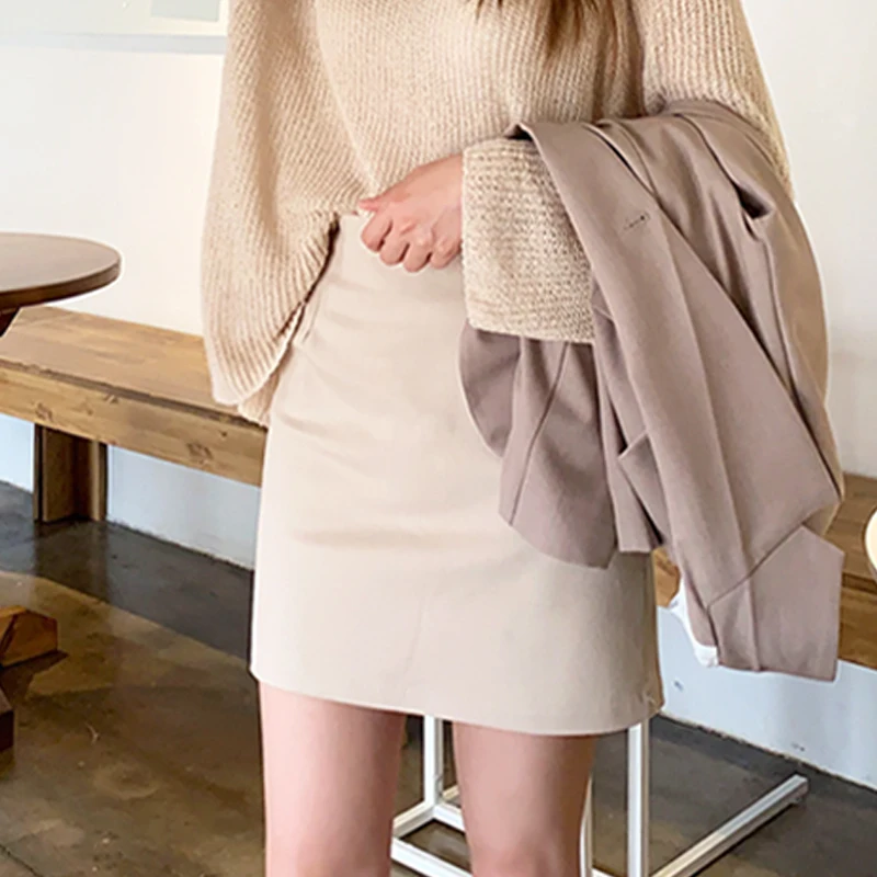 [سبب] تنورة Deluna H-Line Mini للنساء، لون خالص، تنورة قطنية مطاطية (3 ألوان)