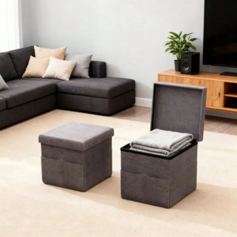 

Of Two 15Inch Folding Ottomans With Storage Pockets Dark Gray