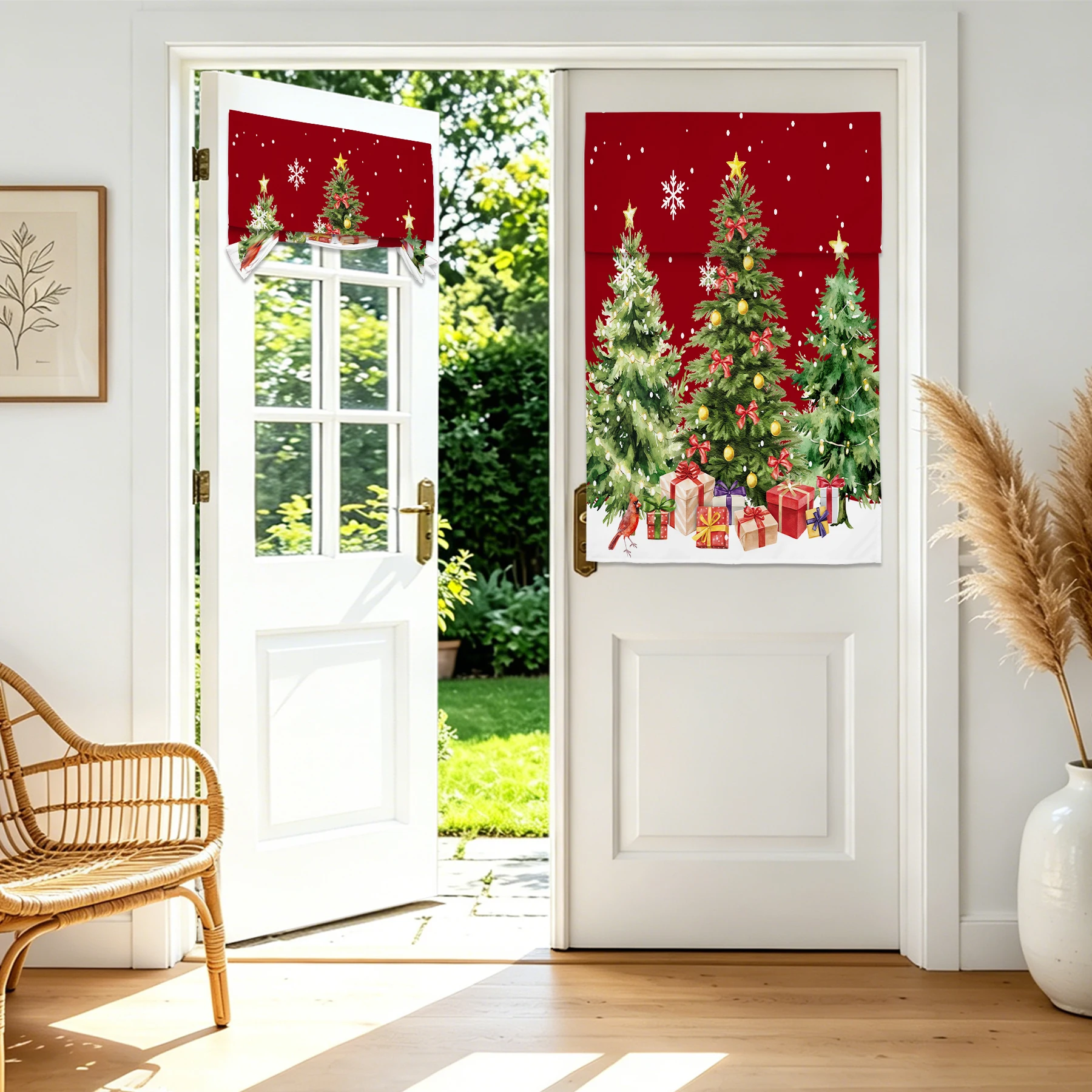 Christmas Door Curtain for Front Door, Xmas Privacy Tie Up Shade for Front Door Glass Window Holiday Decorative 1 Panel