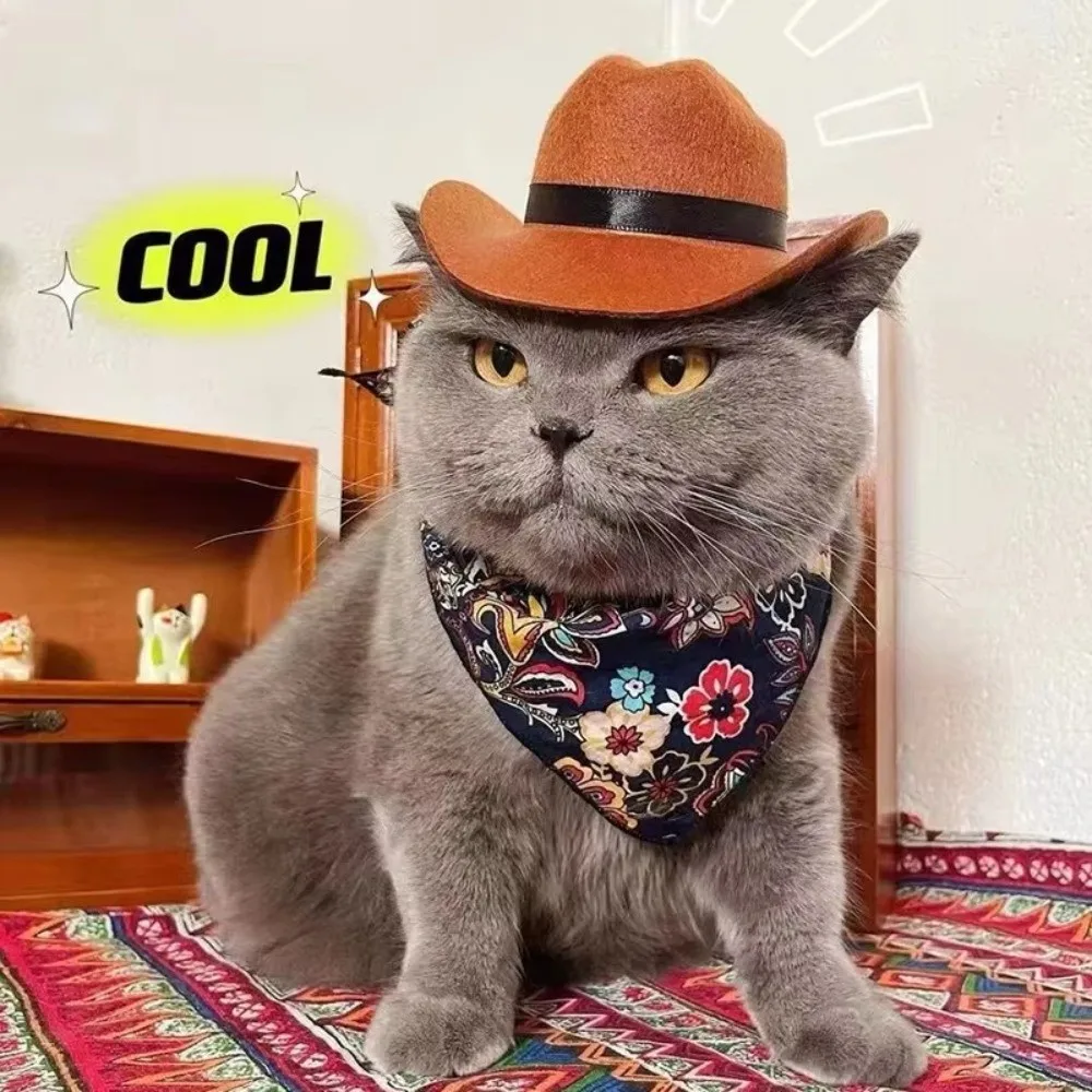 

Puppy Accessory Cute Pet Western Cowboy Hat Set Breathable Adjustable Cats Triangle Scarf Comfortable Pet Cowboy Hat Christmas