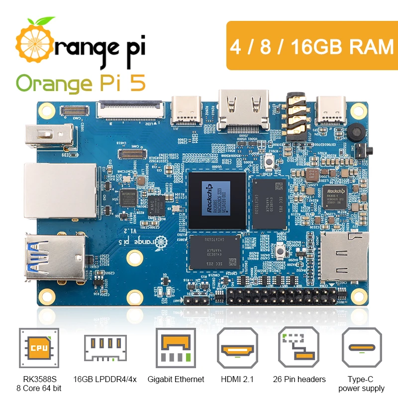 Orange Pi 5 4 8 16GB RAM RK3588S 8 Core 64-bit LPDDR4/4x Support 8K Video Codec 2.4GHz Gigabit Ethernet Single Board