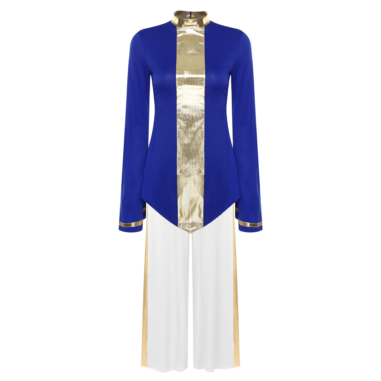 

Womens Liturgical Praise Dance Outfit Metallic Patchwork Flared Long Sleeve Irregular Hem Shirt+Long Pants Lyrical Dance Costume