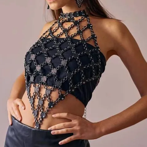 أسود مطرزة جولة القرص المرقعة الأزياء الرسن بوستير سترة أعلى مع سلسلة الجسم #3