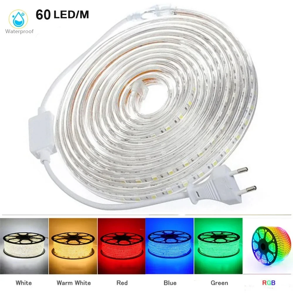 Lampu Strip LED 220V 60LED/m, lampu Hangat kecerahan tinggi, pita lampu fleksibel colokan EU untuk pencahayaan dekorasi rumah