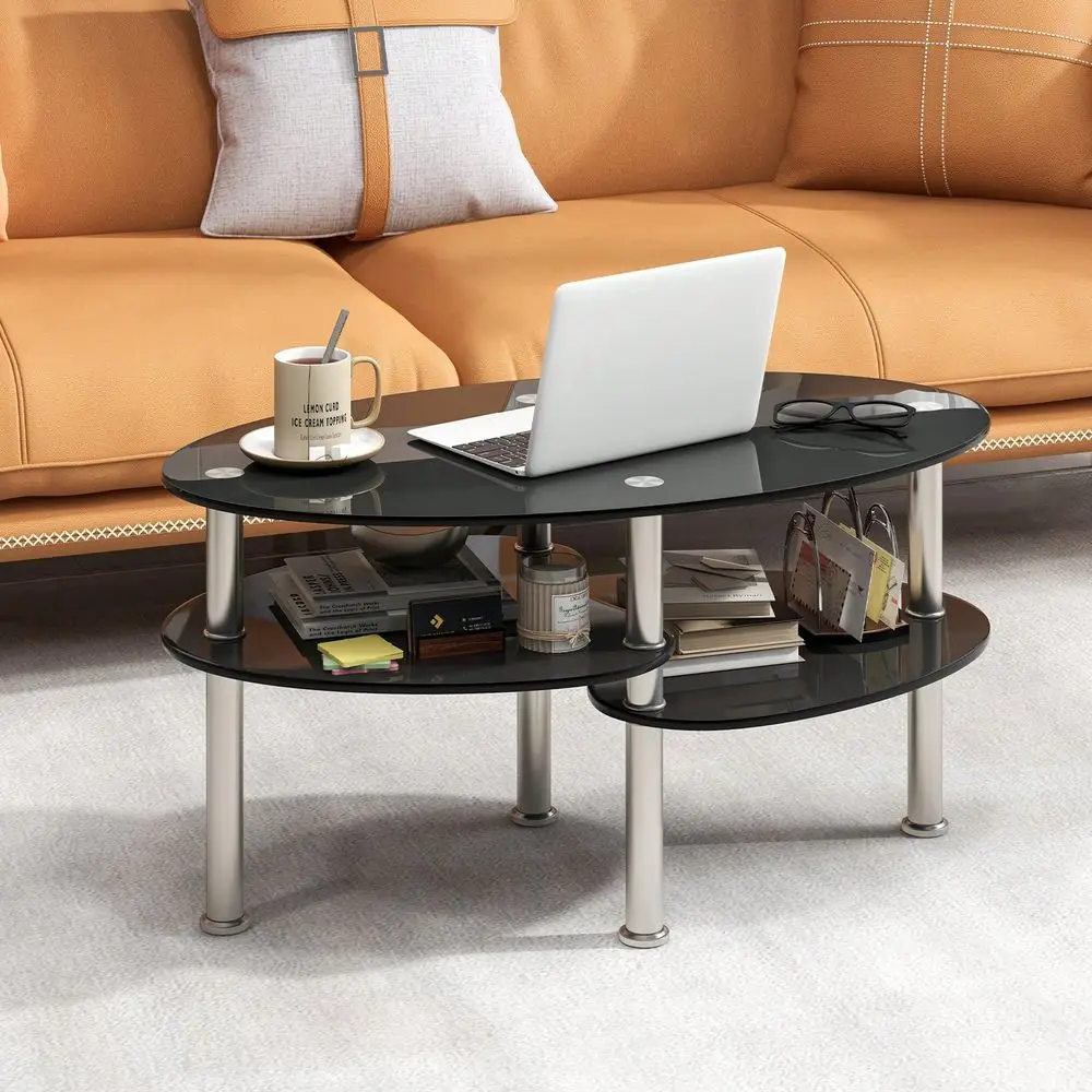 

Oval Glass Accent Table with Shelf Base, Multi-Use Coffee & Side Table for Living Room