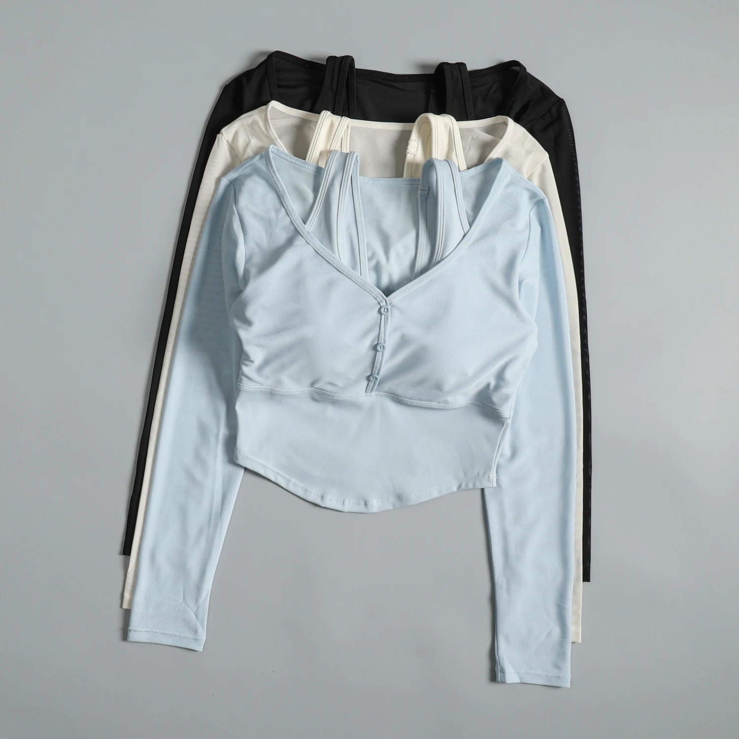 

All-in-one sexy mesh yoga wear with chest pad for women sports long-sleeved fitness tops Pilates training wear T-shirt