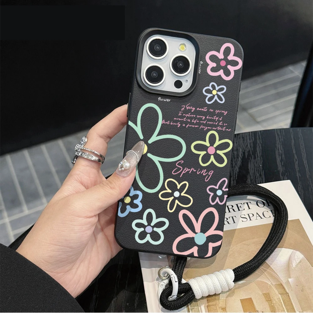 Candy Flowers Hand Wrist Strap Leather Phone Cases For iPhone 17 13 11 12 Pro Max Plus 15 14 16 XR XS 17 Air With Lanyard Cover