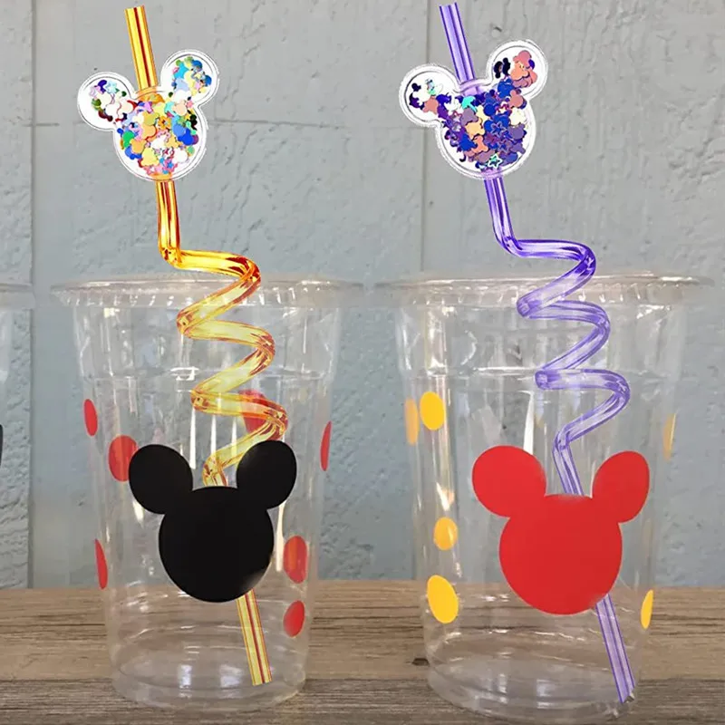 Disney Mickey Mouse Anime Straw para crianças, Kawaii Minnie, areia movediça Sequin Spiral Straw, Cartoon Toy Gifts, 1 Pc, 5 Pcs, 10Pcs