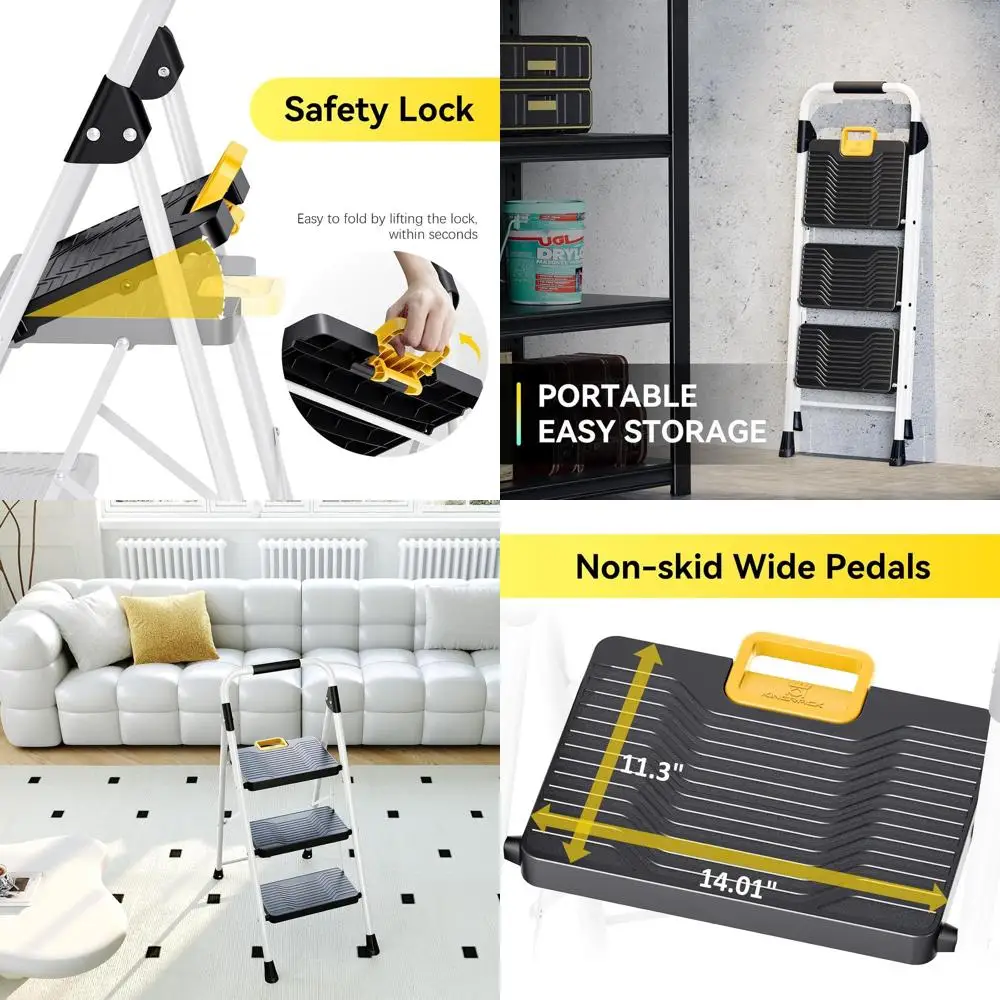 

3-ступенчатая складная лестница емкостью 800 фунтов с предохранительным замком, нескользящими ступеньками и поручнем, идеально подходит для дома, кухни и офиса, белая